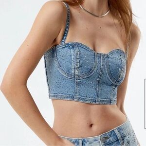 PacSun Rhinestone Embellished Light Blue Denim Crop Tank Top
